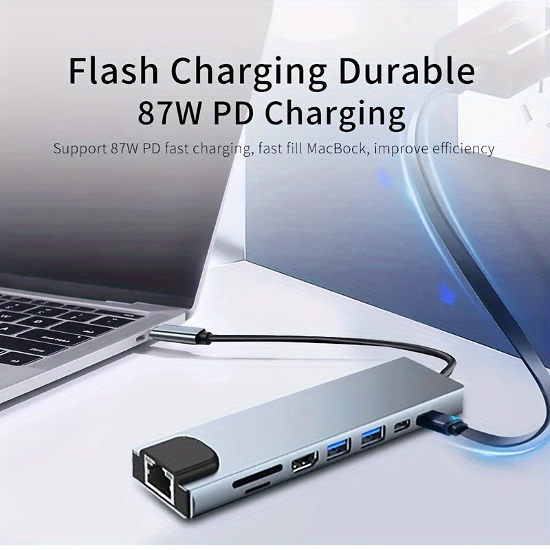 8 in 1 USB C Hub Type C to 4K HDTV Adapter with 100M RJ45 SD/TF Card Reader Fast Charger for MacBook Notebook Windows Laptop Computer