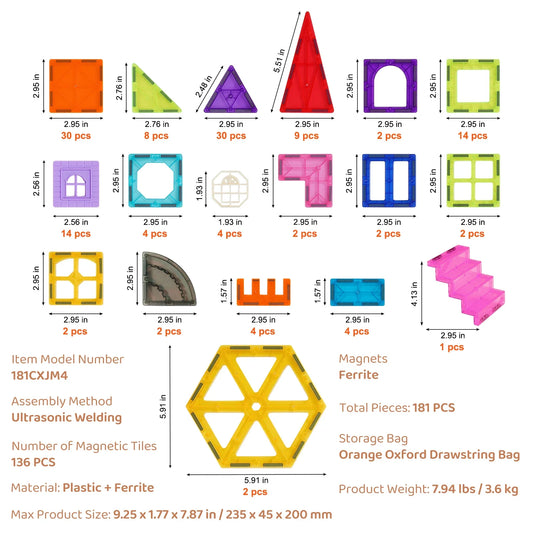 SucceBuy 181PCS Magnetic Tiles for Boys Girls Magnetic Blocks Building Set for Toddlers Educational Toys Kids Montessori Gifts