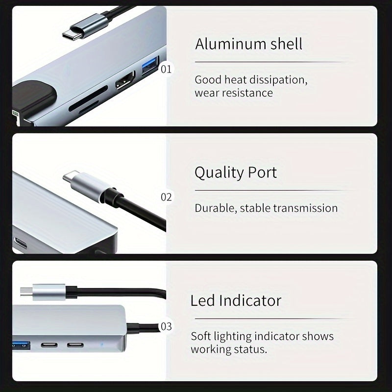 8 in 1 USB C Hub Type C to 4K HDTV Adapter with 100M RJ45 SD/TF Card Reader Fast Charger for MacBook Notebook Windows Laptop Computer