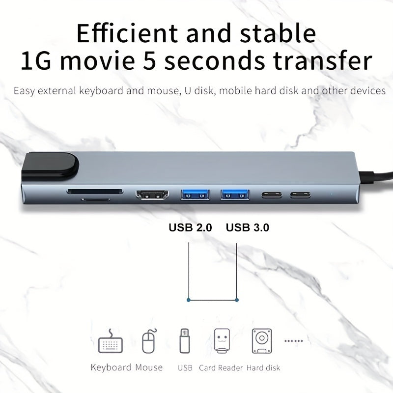 8 in 1 USB C Hub Type C to 4K HDTV Adapter with 100M RJ45 SD/TF Card Reader Fast Charger for MacBook Notebook Windows Laptop Computer
