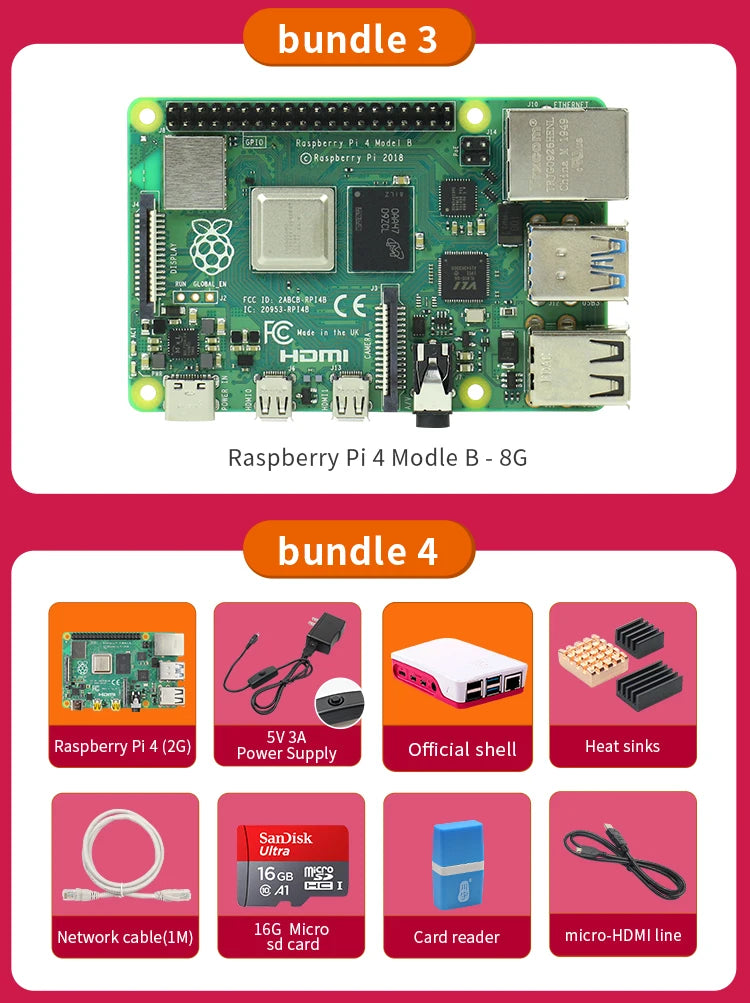 Raspberry Pi 4 kit 2GB 4GB 8GB RAM board + 5MP camera + acrylic box + power supply + card + radiator for Raspberry Pi 4 type B l