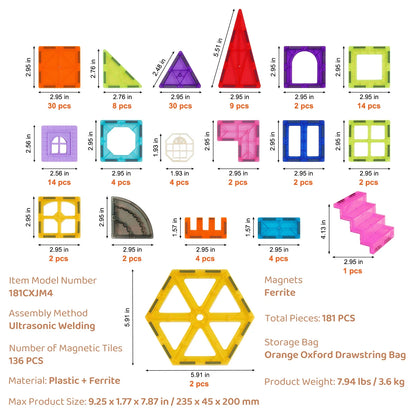 SucceBuy 181PCS Magnetic Tiles for Boys Girls Magnetic Blocks Building Set for Toddlers Educational Toys Kids Montessori Gifts