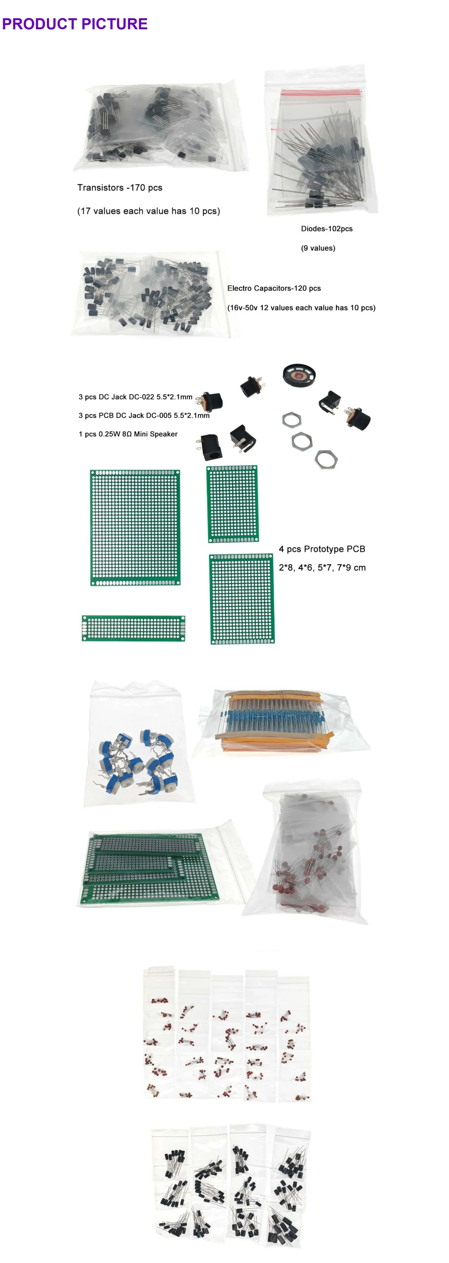 1900pcs Mega Electronic Component Kit including Assortment + Capacitors + PCB +opamp+ Resistors + LED + Transistors + DC Jacks