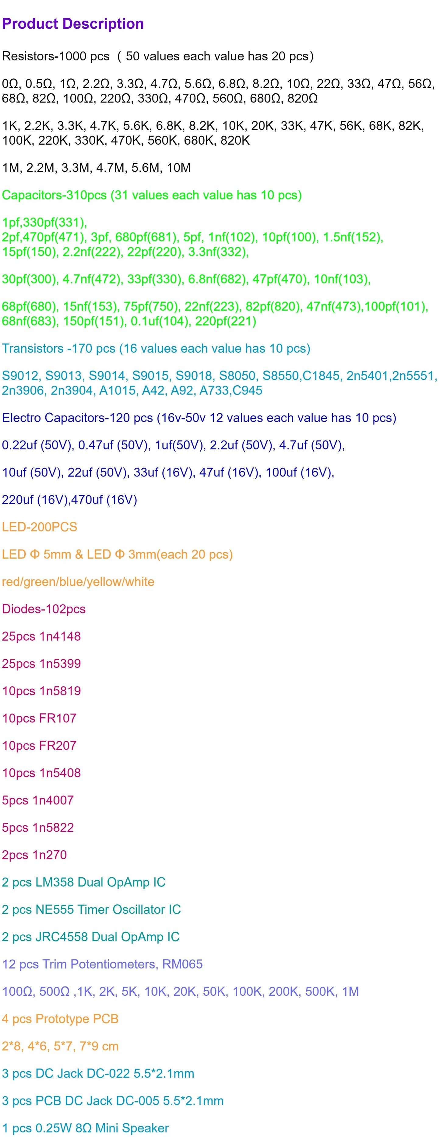 1900pcs Mega Electronic Component Kit including Assortment + Capacitors + PCB +opamp+ Resistors + LED + Transistors + DC Jacks