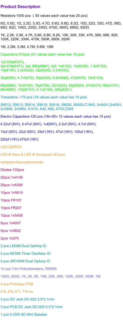 1900pcs Mega Electronic Component Kit including Assortment + Capacitors + PCB +opamp+ Resistors + LED + Transistors + DC Jacks