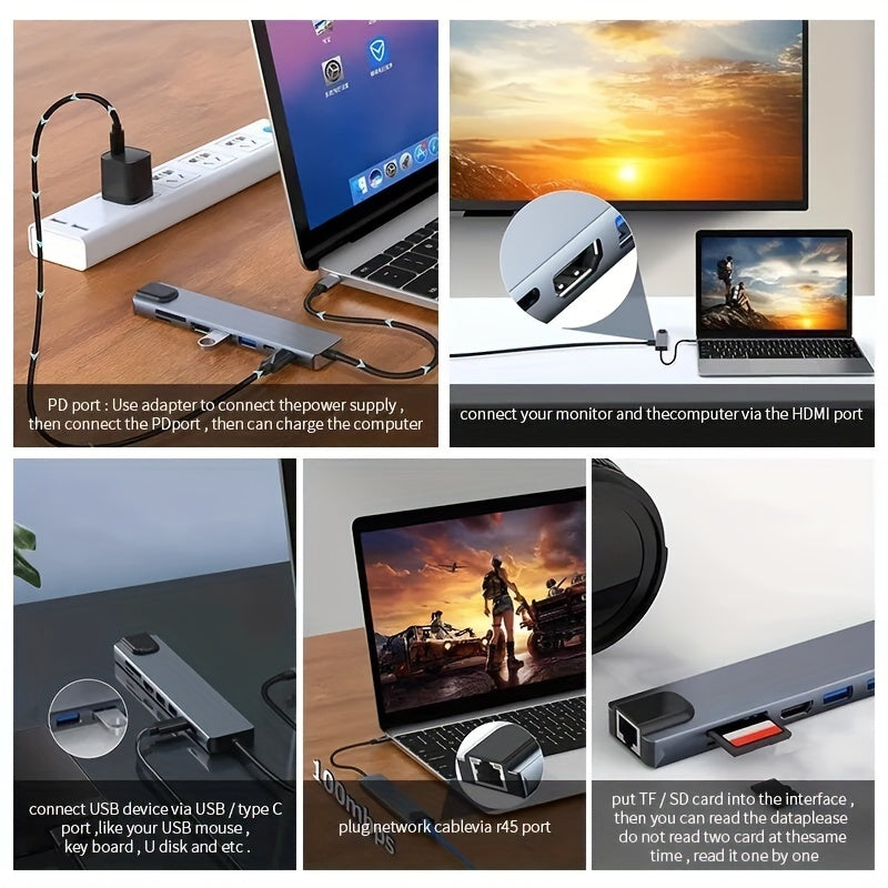 8 in 1 USB C Hub Type C to 4K HDTV Adapter with 100M RJ45 SD/TF Card Reader Fast Charger for MacBook Notebook Windows Laptop Computer