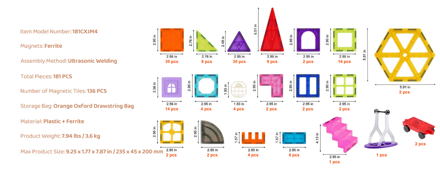 SucceBuy 181PCS Magnetic Tiles for Boys Girls Magnetic Blocks Building Set for Toddlers Educational Toys Kids Montessori Gifts
