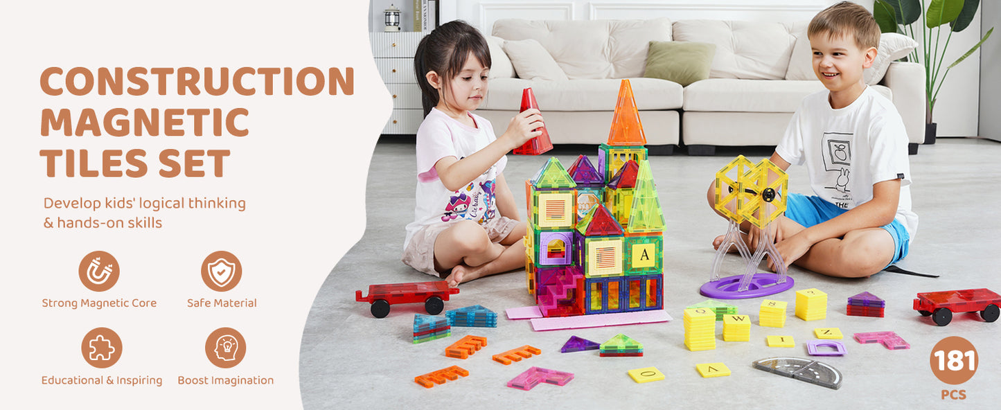 SucceBuy 181PCS Magnetic Tiles for Boys Girls Magnetic Blocks Building Set for Toddlers Educational Toys Kids Montessori Gifts